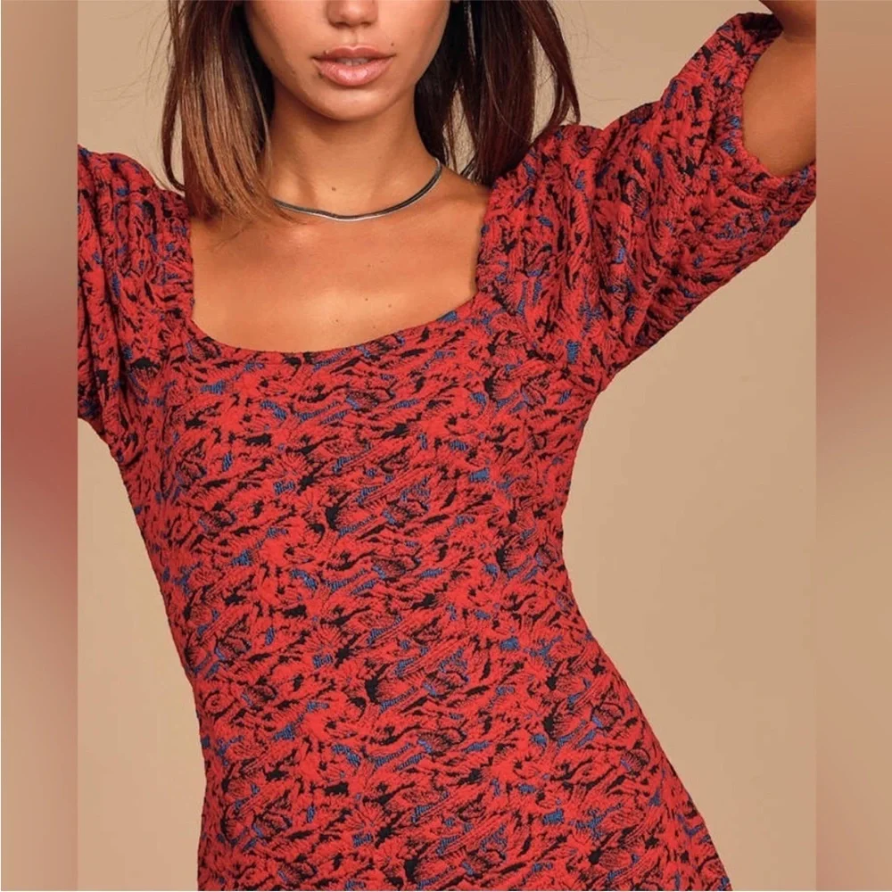 Free People Red Printed Puff Sleeve Sunset Mini Dress | Size XS